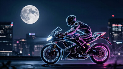 mad-pprct1 cityscape, man on motorbike racing through city moon, night sky, glowing outline, neon lights, glowing outlines