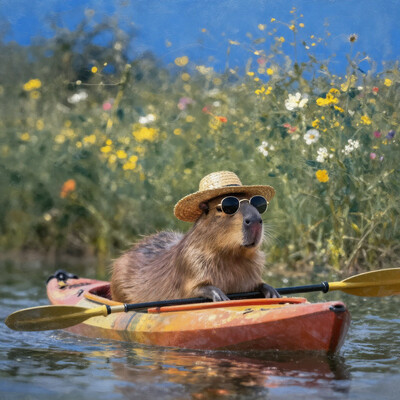 photorealistic, bokeh, oil painting showing a capybara floating in a kayak in the middle of the river among meadows full of flowers, the capybara has a straw hat on its head and the photo is taken from the side, the sky is crystal blue with the sun, the capybara also put on round sunglasses, , atmospheric haze, moody lighting mythp0rt aidmaMJ6.1