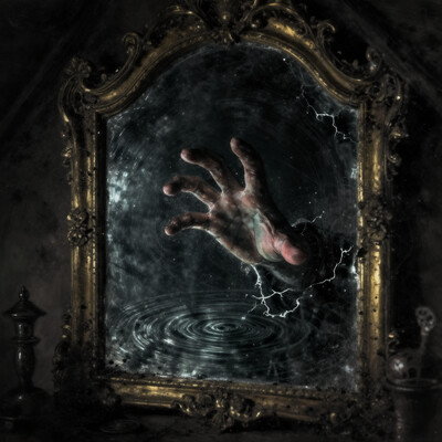 A dark shadowy hand emerging through an old Victorian mirror, with dusty, golden frame. There are ripples in the mirror surface around the anatomically perfect hand coming through the mirror into the real world. The hand breaks through the mirror and emerges on the other side reaching towards the viewer as if emerging from under water to the surface. The mirror is in a dark dusty old attic with old objects. Ominous eerie atmosphere, dismal, digital painting, concept art, fluorescent painting, glowing