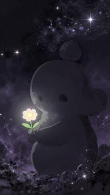 Close-up shot of a cute, small shadow elemental, with rounded edges and a shy demeanor. It holds a tiny, bioluminescent flower, casting a soft glow on its ephemeral body. The background is a magical, starry void, with wisps of cosmic dust adding to the otherworldly charm, using a palette of dark grays, deep violets, and bright starlight. Studio Ghibli Dark Fairytale