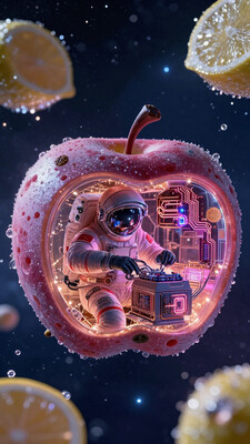 Ultra-realistic close-up of an astronaut meticulously repairing a futuristic, pink lady apple-shaped spacecraft. Each section of the craft is a transparent module, revealing glowing internal systems pulsating with neon circuitry. The astronautâs advanced spacesuit, accented with vibrant red highlights, reflects the surreal cosmic environment around them. The spacecraft floats amidst a breathtaking asteroid field, where massive frozen lemon-slice-shaped asteroids drift weightlessly, their translucent citrus interiors catching the light of a brilliant blue star in the distance. Tiny frozen citrus juice crystals sparkle as they float through zero gravity, refracting light in a mesmerizing display. The porous texture of the spacecraftâs outer shell mimics the rough surface of an apple peel, giving it an organic yet engineered feel. The scene is a striking fusion of hard sci-fi and surrealism, inspired by *The Martian* with cinematic realism and dramatic lighting. The interplay of deep shadows and radiant highlights creates a visually immersive atmosphere, evoking both the cold vastness of interstellar space and the warmth of its glowing, red apple-hued artificial structures. Hyper-detailed textures, ultra-HD rendering, dynamic lighting contrasts, surreal yet scientifically grounded composition. aidmamj6.1 DreamArt aidmaMJ6.1 R3alisticF aidmafluxpro1.1