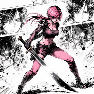 masterpiece, best quality, good quality, very aesthetic, absurdres, newest, 8K, depth of field, focused subject, dynamic angle, manga, anime, inksketch, a pink lady character, 1girl, cosplaying as a resident evil survivor, stance, wielding a massive razor sharp sword, motion lines, bronze palette
