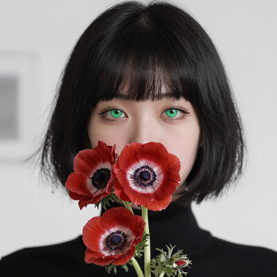 masterpiece, best quality, amazing quality, high resolution, very aesthetic, absurdres, detailed background, , (cogecha:0.9), creative angle, flat colors, arutera, rella young woman with short jetâblack bob and blunt bangs, smooth hair, luminous green eyes, black turtleneck, three vivid red anemone flowers covering mouth and neck, holding, holding flowers, interior, simple background