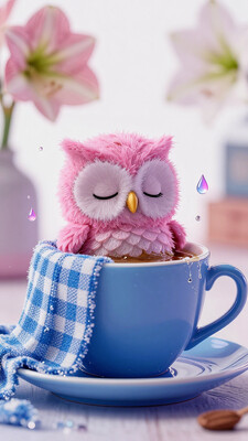 tinasuper Multiple exposure, cute pink fluffy micro owl baby sleepy floating in big blue cup of coffee, 5D covered with micro checkered blue blanket, neon drops, splashes, background living room loft, around amaryllis flowers, close-up, hyperrealism, Ultra HDR, neon color, 1024K, white background, macro