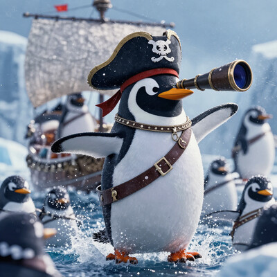 A penguin in a pirate outfit, leading a ship of penguin pirates through icy waters, shouting commands and looking through a telescope. (masterpiece, award winning artwork) many details, extreme detailed, full of details, Wide range of colors, high Dynamic