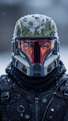 The image is a photograph featuring a person wearing a creative, crocheted mask that resembles Master Chief's helmet and visor. They are standing outside in a snowy evening.