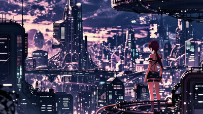 a futuristic sci-fi fantastic cyberpunk city beautiful landscape, dusk, woman, very intricate, very detailed, sharp, bright, colorful, anime style
