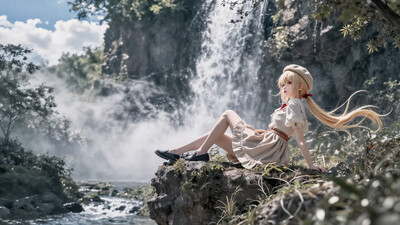 1girl, solo, lazypos, intricate scenery, detailed landscape, delicate, dreamy, cinematic lighting, cinematic, volumetric lighting, ray tracing, natural shadows, [clouds, blue sky:11], kaela kovalskia, hololive, blonde hair, red eyes, parted lips, long hair, ponytail, GraceLily, beige dress, skirt, beret, loafers, outdoors, cliff, waterfall, forest, stream, sitting, on rock, dynamic pose, foreshortening, extreme perspectiveâââ