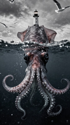 cinematic still long shot scenic professional photograph of a giant squid, only the top of its head sticks out above the surface, a lighthouse stands on its head. a boat is sailing on the sea. The image is split between above and below the waterline, revealing the squidâs powerful tentacles, while its dark, eyes under the water, weathered look., overcast sky. The cold water ripples around the squid, with tiny bubbles and little fishes adding to the realism. The atmosphere is both majestic and eerie, , seagulls fly, the squids body is covered with a small number of shells Award-winning editorial photograph, cinematic still long shot scenic professional photograph of Sharp focus photography, with an ethereal aesthetic and a negative colour palette, taken with high resolution photography., Alexa LF, cinematic, Kodak portra800, hasselblad 503cw, Michael Borremans studio closeup shot portrait, dazed weird photo shooting by Chris Cunningham absurdity, Kodak portra800, hasselblad 503cw, Photorealistic, Hyperrealistic, Hyperdetailed, analog style, soft lighting, subsurface scattering, realistic, heavy shadow, masterpiece, best quality, ultra realistic, 8k, golden ratio, Intricate, High Detail, film photography, soft focus, perfect viewpoint, highly detailed, wide-angle lens, hyper realistic, with dramatic sky, polarizing filter, natural lighting, vivid colors, everything in sharp focus, HDR, UHD, 64K . emotional, harmonious, vignette, highly detailed, high budget, bokeh, cinemascope, moody, epic, gorgeous, film grain, grainy, (b&w, Monochromatic, Film Photography:1.3), Photorealistic, Hyperrealistic, Hyperdetailed, film noir, analog style, soft lighting, subsurface scattering, realistic, heavy shadow, masterpiece, best quality, ultra realistic, 8k, golden ratio, Intricate, High Detail, film photography, soft focus