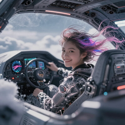 masterpiece, best quality, good quality, very aesthetic, absurdres, newest, 8K, depth of field, focused subject, science-fiction, 1girl, sci-fi, fyling, inside cockpit, spaceship, above clouds, smile, neon hair, long hair, dynamic angle, in the style of cknc, in the style of ck-rw