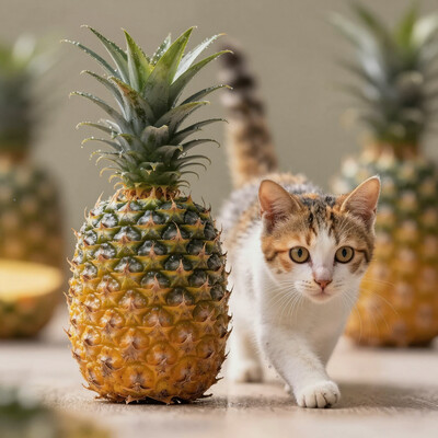 cute cat is walking on the floor photography, Natural geographic photo, Hyper-realistic, 16k resolution, (masterpiece, award winning artwork), many details, extreme detailed, full of details, Wide range of colors, high Dynamic, pineapple