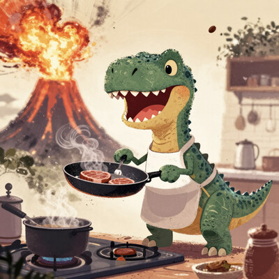 Happy t-rex wearing an apron is making breakfast in a kitchen close to an exploding volcano, the t-rex is happy while holding a pan with some slices of meat, with a very detailed background, dynamic angle, dust particles, colorful happy scene, ppstorybook, whimsical, fantastical, stylized
