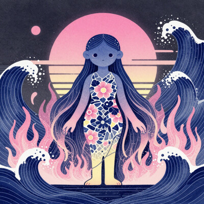 A full-body shot of a cute Cthulhu creature, Stylized anthropomorphic character surrounded by waves and sunset, Stylized female figure with a mosaic-patterned dress and flowers, Michael Cheval, Simon Stålenhag, James Bama, with a gradient of colors including pink, blue, and yellow, in a flat art cartoon style, in a whimsical and surreal style, with feminine curves, in a balanced and centered composition, abstract shapes in gradient colors, captures a harmonious blend of organic and mystical elements, surrounded by pink flames., dark grey, fine lines and smooth gradients create a harmonious look masterpiece, detailed, best quality, absurd resolution