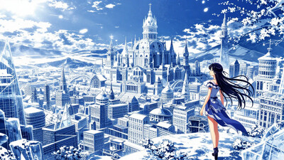 an ice city beautiful landscape, bright sunny sky, woman, very intricate, very detailed, sharp, bright, colorful, Anime art