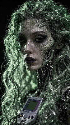 masterpiece, best quality, good quality, very aesthetic, absurdres, newest, 8K, depth of field, focused subject, A mesmerizing close-up portrait of an alien woman, her striking features blending extraterrestrial elegance with subtle mechanical elements. Her skin has a smooth, otherworldly texture, adorned with small, organic patterns. Her long, wavy hair cascades around her face, but in the Gameboy-style palette of green, white, and black. Mechanical elements are seamlessly integrated into her face and neck—sharp, angular pieces emerge like delicate circuitry. The chiaroscuro-inspired lighting brings deep contrast, with bold shadows enhancing her alien beauty. The black background and limited palette emphasize the alien and mechanical features, while a soft green glow outlines parts of her face and hair, creating a futuristic yet nostalgic visual reminiscent of early handheld gaming in the style of cknc