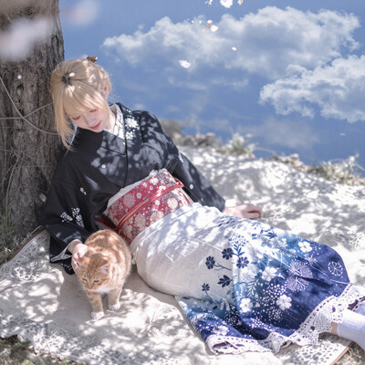 1girl, solo, lazypos, delicate, dreamy, dutch angle, from side, from above, high angle, cinematic lighting, cinematic, volumetric lighting, natural shadows, [clouds:7], blue sky, soft and gentle colors, soft pastel colors, soft shading, detailed textures, kaela20, blonde hair, red eyes, folded ponytail, smile, gentle smile, lace_trimmed_skirt, kimono_jacket, black jacket, white kimono, print kimono, gradient skirt, white skirt, blue skirt, long skirt, red sash, obi, flower print kimono, white socks, outdoors, under tree, yokozuwari, picnic blanket, flower, petting cat, orange cat, cat on lap, usnr