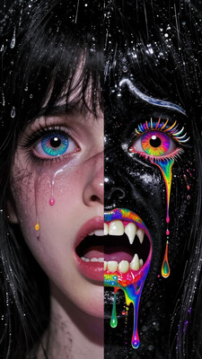 1girl, face, solo, straight-on, close up, portrait, dark, ADDBASE, beautiful face, detailed, cute, big eye, simple background, black hair, fair skin, dull, dull colors, worried, scared, ADDCOL, (split image, split screen:1), simple background, black hair, fair skin, worried, scared, shocked, blushing, (rainbow paint splatter), ADDCOL, qxys, thermal, bright colors, black background, colored tears, crying, colored pupil, black sclera, (black skin, dark skin), reflective hair, v-shaped eyebrows, rainbow gradient eyes, colorful eyelashes, white eyebrow, (facepaint), rainbow paint splatter, crazy, ADDROW, beautiful face, detailed, (worried, scared, shocked, blushing), simple background, black hair, open mouth, pale skin, white teeth, ADDCOL, qxys, thermal, (split image, split screen:1), drooling, rainbow saliva, rainbow mouth, colorful sharp teeth, black skin, dark skin, huge reflective fangs, worried, scared, shocked, ADDCOL, qxys, thermal, bright colors, black background, colorful sharp teeth, open mouth, happy, (black skin, dark skin), grin, colored drooling, saliva, colored drool in mouth, reflective hair, rainbow lipstick, facepaint, colorful fangs, crazy