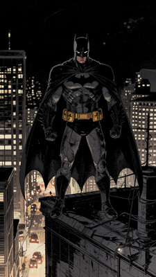 jimlee style, comicbook illustration, the main subject is batman, batman standing on highest skyscraper rooftop, he is surrounded by shadows and his cowl making his face completely black with only two white visible, he is wearing armored suit and long torn windblown cape that covering his whole body right from the shoulders, street dimly light with car lights down below, dark noire atmosphere, black sky, moonlight