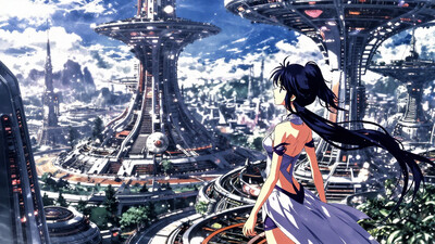 a futuristic planetary city beautiful anime landscape, bright sunny sky, woman, very intricate, very detailed, sharp, bright, colorful, cl4ss1cc4rt00n