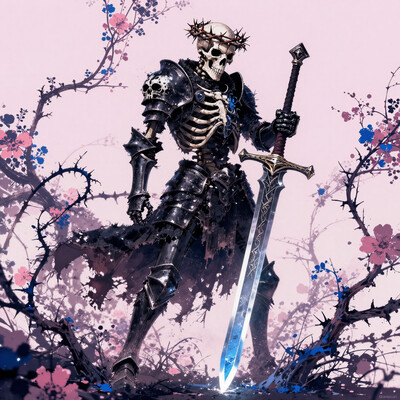 A skeletal knight, ribcage visible through tattered dark fabric, wearing blackened plate armor with ornate skull-shaped shoulder pauldrons and a small crown of thorns on its skull, holding a massive two-handed greatsword with a glowing light blue blade planted into the ground, three-quarter view from slightly below, surrounded by stylized pink and blue flowering vines and thorny branches against a soft, pale pink backdrop, dramatic rim lighting highlighting the bone structure and armor details, intricate details on the armor and sword, dark fantasy art