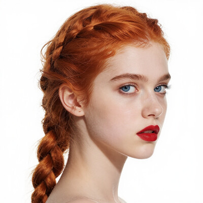 masterpiece, newest, absurdres, incredibly absurdres, best quality, amazing quality, very aesthetic, realistic, ligne claire, 1girl, uso da, simple white background, orange hair, single braid, red lips, blue eyes, realistic, HassaKu_illu