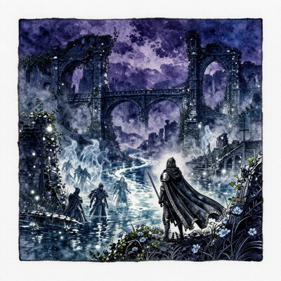 masterwork illustration inspired by lord of the rings, ink and watercolor on textured handmade paper, epic, atmospheric and cinematic, rule of thirds composition, beautiful yet haunting, dreamlike and melancholic, the ruins of osgiliath, half-submerged in the anduin, their ancient stone bridges and crumbling towers bathed in the eerie glow of twilight, the sky painted in deep purples and blues, with mist rolling in from the river, spectral echoes of gondorian warriors still linger within the ruins, their ghostly forms barely visible through the haze, clad in tattered cloaks and shattered armor, remnants of a long-lost battle, in the foreground, a lone gondorian soldier stands amidst the ruins, his long, silver-trimmed cloak billowing slightly in the breeze, he gazes upon the spectral, translucent warriors with his sword in hand, ivy and pale blue wildflowers entwine around the ruins, glowing faintly in the fading light, the river anduin shimmers with an unnatural luminescence, reflecting the silhouettes of the fallen, painterly, handcrafted illustration, intricate watercolor textures and delicate inked linework, soft yet dramatic lighting enhances the mystical aura, creating a perfect balance between eerie and enchanting, an illustration in the style of a dark fairytale, blending the whimsical with the haunting, framed like an ancient storybook illustration, inspired by studio ghibli and kay nielsen, ovg, studio ghibli dark fairytale