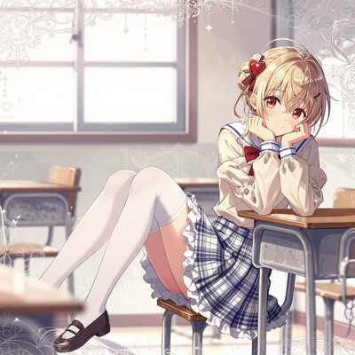 1girl, solo, lazypos, anime-style digital drawing, CG, side view, looking at viewer, detailed background, intricate scenery, cinematic lighting, soft pastel colors, detailed and delicate, whimsical and dreamy, soft shading, detailed textures, gentle and innocent expression, intricate and ornate, elegant and charming, kaela20, medium breasts, blonde hair, red eyes, half updo, long hair, grin, flannel skirt, pleated white and blue skirt, white thighhighs, sleeves past wrists, hair bow, long sleeves, beige blouse, , red bow, heart hair ornament, heart hair ornament, zettai ryouiki, , white sailor collar, white frilled skirt, shoes, cl4ssrm, indoors, classroom, school desks sitting, sitting on chair, hands resting on cheek, elbow on desk, window, open window