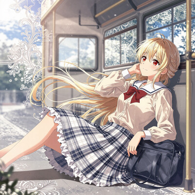 1girl, solo, lazypos, anime-style digital drawing, CG, low angle side view, detailed background, intricate scenery, cinematic lighting, soft pastel colors, detailed and delicate, whimsical and dreamy, soft shading, detailed textures, gentle and innocent expression, intricate and ornate, elegant and charming, outdoors, machikado, paved road, sky, blue sky, kaela20, medium breasts, blonde hair, red eyes, half updo, long hair, smile, flannel skirt, pleated white and blue skirt, sleeves past wrists, long sleeves, beige blouse, red bow, white sailor collar, white frilled skirt, school bag, dynamic pose, foreshortening, extreme perspective bus interior, hand resting on cheek, school bag on lap