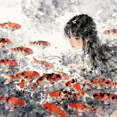 by solipsist, by potg \(piotegu\), painterly, sketch, watercolor \(medium\), faux traditional media, floating fish, red fish, koi, too many fish, 1girl, upper body, looking aside, looking to the side, (straight-on:1.2), depth of field, outside, sky, cloud, horizon, day, sun rays, masterpiece, best quality, amazing quality, very aesthetic, highres, year 2023, year 2024, nhl-005