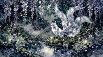 ink wash, watercolor and alcohol ink, a secluded, moonlit garden deep within an ancient forest, bathed in silver light, the scene is dreamlike, filled with cascading wisteria, tiny intricately detailed herbs and wildflowers, delicate misty fog is drifting through the air, a mystical silver-furred kitsune fox spirit sits at the gardenâs center, its nine white fox tails flowing like silk, with each fox tail's tip faintly glowing. the kitsune's magical golden eyes shine through the night, ethereal will-o-wisps float gently in the air, casting a soft, mystical glow over the moss-covered stones and a tranquil koi pond beneath. the atmosphere is surreal and enchanting, with a color palette of mint green, teal, deep indigo, ethereal blues, and lavender, the golden accents of the floating will-o-wisps and the kitsuneâs eyes contrast against the cool tones, petals from the wisteria drift lazily through the air, caught in a soft breeze that disturbs the mirror-like pond, subtle ripples distorting the reflection of the moon and the ghostly silhouette of the fox spirit. a cinematic, painterly shot, slightly elevated angle, capturing the entire mystical landscape in breathtaking detail, intricate hand-painted textures and masterful use of light and shadow create a delicate balance between whimsy and haunting beauty, atmospheric fog softens the edges of the scenery, creating an otherworldly, timeless quality, the entire scene rendered in handcrafted alcohol ink and watercolor with soft, flowing brushstrokes, infused with a sense of ancient magic and mythical legends. the medium is traditional washi paper, ink and watercolor medium, ovg, studio ghibli dark fairytale