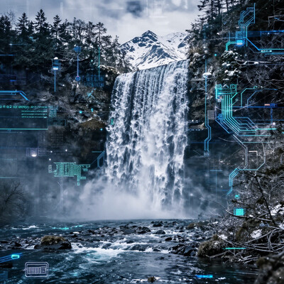 Create a highly detailed, high-resolution image of an hologram projecting an breathtaking scene - a majestic waterfall in a pristine winter landscape. Evergreen trees surround both sides of the falls and the river below, the water returning to it's serene state after the violent fall from above. Far beyond the waterfall, snow-capped mountains are visible through low clouds. Vertical glitches where the hologram is failing are showing the circuits behind the image, fragments of neon blue and green circuitry and pulsing blue energy lines reveal themselves. These technological anomalies add an intriguing layer of depth and complexity to the otherwise breathtaking natural scenery., , , gl1tchc0re, glitch, glitched, glitched graphic, abstract glitch, glitch texture, , bo-digitalabstract, glitch, flickering, digital, glitch style