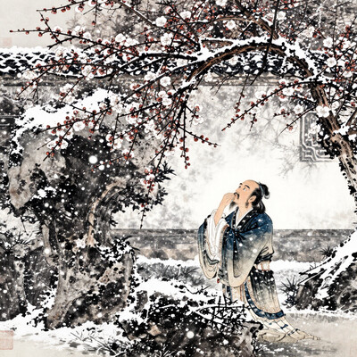 A tranquil winter garden scene in the meticulous gongbi style, depicting a lone scholar contemplating snowflakes falling on plum blossoms. The composition features delicate white plum flowers blooming on gnarled branches against a backdrop of elegant garden rocks dusted with snow. Rendered with fine mineral pigments on silk, the artwork employs precise brushwork to capture the scholar's contemplative expression and the intricate details of his traditional robes. The scene embodies the Confucian virtue of perseverance through hardship, with the plum blossoms symbolizing resilience and purity. Subtle ink wash techniques create atmospheric depth, with negative space suggesting falling snow. The color palette consists of muted whites, pale pinks, deep browns, and subtle indigo accents. A small red seal mark in the corner bears classical calligraphy, enhancing the scholarly atmosphere of this refined Song dynasty-inspired masterpiece.