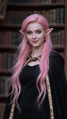 masterpiece, best quality, amazing quality, , afkarenastyle, 1girl, female elf, solo, portrait, female focus, pink hair, green eyes, slim, long hair, hair swept to one side, light skin, smile, looking at viewer, outdoors, beautiful, black cloak with gold trimming, earrings, indoors, arcane library