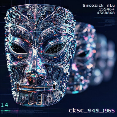 side profile, intricate mask, piercing gaze, glowing eyes, eloquence, holographic, cyberpunk, synthwave, mysterious, extended arm, depth of field, forshortening, , masterpiece, best_quality, amazing_quality, very_aesthetic, 8k, high_quality, highres, absurdres, subject_focus, , 15546+456868, in the style of cksc, Sinozick_illu, , (chromatic aberration:1.3), (glitch:1.4), distortion