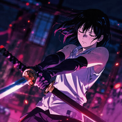 (by maegami /(daisuki oekaki1/):1.3), (by 96yottea:1.1), painterly, (by misawa hiroshi:0.8), film grain, , (limited palette:1.2), realistic, masterpiece, best quality, amazing quality, very aesthetic, (glowing theme:1.2), floating embers, underlighting, pulling sword, dutch angle, perspective, depth of field, blurry background, blurry foreground, blurry edges, yoru \(chainsaw man\), 1girl, solo, black gloves, black hair, elbow gloves, facial scar, closed eyes, human scabbard, katana, indoors, night, closed mouth, expressionless, relaxed, (from side:1.3), scar on cheek, scar on nose, dark background, glowing red particles, red-blue theme, nhl-001