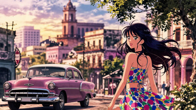 Havana, Cuba beautiful anime landscape, sunset, woman, very intricate, very detailed, sharp, bright, colorful, Niji Stan Katayama Style