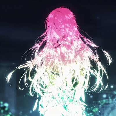 mythp0rt. Niji Stan Katayama Style. DGC style. (The color scheme is glowing brightly gradient of luminous colors, at the top it glows in bright pink, flashy topaz-white glow in the middle and glowing cyan-green at the bottom. Very dark, dim environment. Very dark, almost black background:1.4).