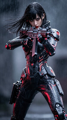 masterpiece, best quality, good quality, very aesthetic, absurdres, newest, 8K, depth of field, focused subject, A sleek cybernetic woman in black armour with glowing red highlights, fighting stance, bangs, long hair, dark eyeshadow, red lips, standing, kriss vector, aiming, submachine gun, shouldered rifle, rain softly falling in the background, dynamic angle, , in the style of cksc