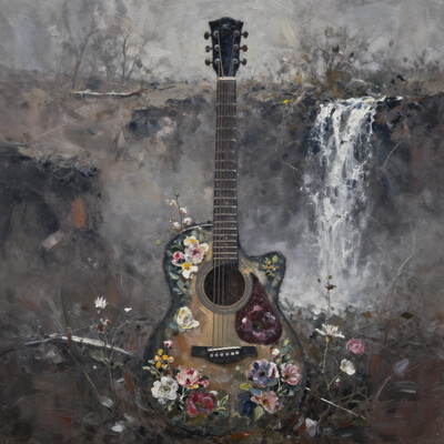 a moody, rough and dramatic oil painting depicting a large guitar against the background of barren lands, a waterfall flows down from the neck of the guitar instead of strings, and the rest of the guitar is covered with flowers, the painting is abstract, the guitar is an element of the natural surroundings, flowers in room, visible brushstrokes, atmospheric haze, pastel palette, moody lighting mythp0rt aidmaMJ6.1