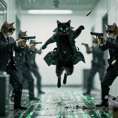 The Matrix, but All Characters are Cats â In the stark, green-tinged office hallway, a sleek black cat in a tiny trench coat leaps gracefully into the air, dodging bullets that streak past in slow motion. Its feline body twists with impossible precision, each bullet leaving a rippling distortion in the air behind it. The suited agentsâtall, imposing tabby cats with dark sunglasses perched on their whiskered nosesâstand at the end of the hall, their paws gripping tiny pistols with perfectly steady aim. The walls are a sterile, fluorescent-lit white, but faint scratch marks and tufts of fur litter the floor, revealing the battle that has already taken place. As the airborne cat completes its mid-air spin, its emerald-green eyes flash with defiance, reflecting the binary code subtly scrolling across the glassy floor beneath it. The scene is frozen in time, a moment of impossible elegance and absurd feline grace., detailed background Fantastic lighting. Detailed shadows.intricate details, vivid colors, hyper-detailed, ultra-sharp
