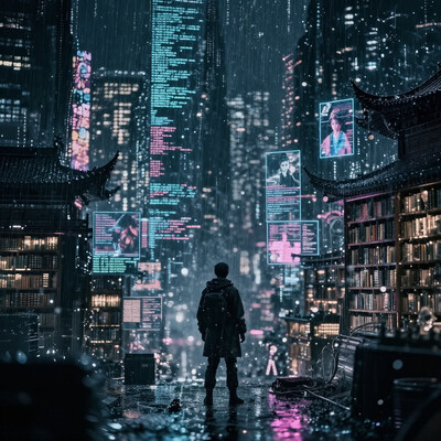 A cyber-archaeologist in futuristic library, standing before an encrypted historical database, surrounded by swirling streams of holographic data. In the digital night rain, lost memories manifest as glowing fragmentsâflickering images of a long-gone lover, distorted by corrupted code. The cityscape is a fusion of cyberpunk skyscrapers and ancient Chinese temples, their surfaces covered in neon advertisements and pulsing signal lights. The atmosphere is mysterious and melancholic, a world where the past lingers as echoes in the digital ether. Highly detailed, cinematic lighting, realistic reflections, cybernetic aesthetics., , kcyberpunk