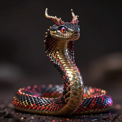 apture a photo-realistic image of a snake with dragon horns, no legs, adorned with black scales featuring intricate red and gold patterning. The snake should have colorful, beautiful eyes and be depicted in a dynamic full-body pose. Utilize cinematic lighting with Rembrandt lighting techniques to create depth and drama in the image. Incorporate volumetric lighting to enhance the atmosphere around the snake. The photograph should be taken with an aperture of F/2.8 to create a shallow depth of field and focus attention on the subject. Ensure maximum detail and ultra-realism in the rendering. The snake should be centered in the frame, commanding attention and exuding beauty and majesty. The overall composition should be visually captivating and showcase the intricate details of the snake's scales and horns. (Dramatic Lighting, Photography, 3D Illustration, Vibrant Colors, Exquisite Detail, Award Winning, Stunning) epiCPhoto