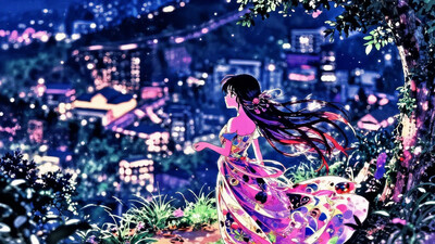 Indonesian beautiful landscape, bright luminous night, woman, very intricate, very detailed, sharp, bright, colorful, > anime style