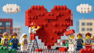In the center of a bright, colorful LEGO city, a group of LEGO figures is gathered around a massive, half-built heart made entirely of red LEGO bricks. The heart towers over them, with its blocky edges forming a perfect, symmetrical shape, though a few gaps remain where bricks still need to be placed. A LEGO firefighter, wearing a red helmet and yellow uniform, stands on a small ladder, carefully positioning a brick near the top. Beside him, a LEGO astronaut in a white spacesuit with a golden visor holds a handful of bricks, ready to pass them up. A LEGO chef, dressed in a white uniform with a tiny rolling pin tucked into his belt, is helping a construction worker lift a large red block into place. The ground is scattered with extra bricks, and in the background, more LEGO figures cheer and wave as they watch the heart take shape. Above, the sky is a brilliant blue, with fluffy white LEGO clouds floating lazily in the distance. The scene is filled with teamwork and joy, as the tiny figures work together to complete their enormous creation., detailed background Fantastic lighting. Detailed shadows.intricate details, vivid colors, hyper-detailed, ultra-sharp, , DB4RZ, DB4RZ style painting, NeoPigma, in the style of cksc, anime, cyberpunk, a masterpiece, award winning
