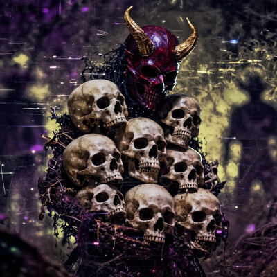 (best quality, highres, highly detailed:1.2), , An amalgation of skulls, held up by an ambiguous, human looking creature. The creature wears a dark red mask with golden oni horns, no other features besides deep black eye sockets. The background is a mixture of amethyst, sickly yellows and poisonous green colors. In the distance one can see other ambiguous silhouettes. Depth of field, cowboy shot, dutch angle, moody lighting, dark, outdoors, nighttime, nightsky, , gl1tchc0re, glitch, glitched, glitched graphic, abstract glitch, glitch texture, detailed_notrigger, poisoncore, NLSTN, glowing, dark