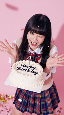 1girl, solo, beautiful face, perfect eyes, detailed eyes, mature female, dutch angle, upper body, black hair, blunt bangs, long hair, straight hair, , looking at viewer, head tilt, closed eyes, open mouth, smile, happy, large breasts, collarbone, seifuku, white shirt, beige vest, collared shirt, red plaid bowtie, plaid pleated short skirt, blue skirt, holding birthday cake, happy birthday, handwritten text, candle, leaning to the side, hands up, birthday cake focus, confetti, pink background, drop shadow, white border, abstract background, indicate details, vignetting, depth of field, impressionism, masterpiece, best quality, amazing quality, newest, absurdres, highres, newest 0__11Xx_illu