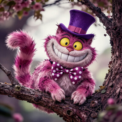 the cheshire cat (from Alice in Wonderland) sits curled up on a tree branch, his wicked grin fills his face and his mesmorizing eyes draw you into his madness as the world tilts around you, he is wearing a purple top hat and a polka dot bow tie, the atmoshere is rich and vibrant full of bright colors OBxiaoxiang G0thicL1nes R3alisticF