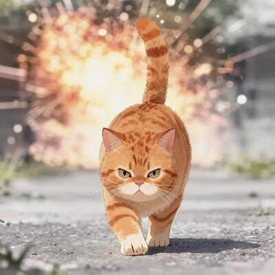 embedding:lazypos, anime, outside, sidewalk, low angle view, from below, sky, bokeh, (large explosion in background) Tabby cat, orange fur, smug face, chubby, walking towards viewer, tail up, looking ahead, cute, fluffy, (feral), strutting, confident