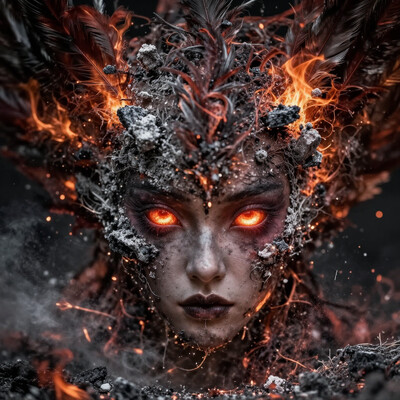 masterpiece, best quality, amazing quality, very aesthetic, absurdres, very awa, Inkyo, adult, aged up, solo, face focus, eye focus, monster girl, phoenix, feathers, bird girl, feathered ears, ashen skin, fire in eyes, ashes, ash, fire, parted lips, detailed eyes, looking at viewer
