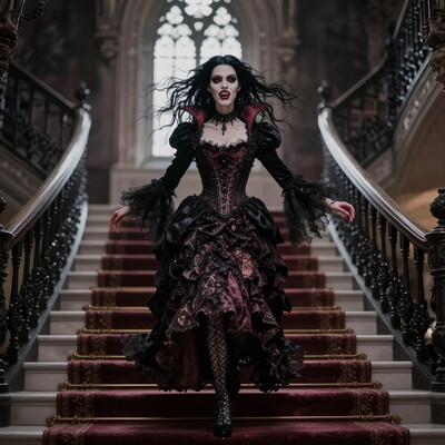 gothic architecture, , vampire woman wearing an ornate gothic dress, black hair, dramatic scene, running down staircase in mansion foyer, fangs, red eyes, masterpiece, best quality âââ
